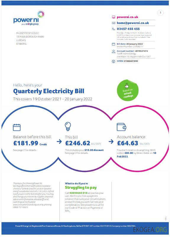 UNITED KINGDOM POWER NI utility bil Word and PDF template